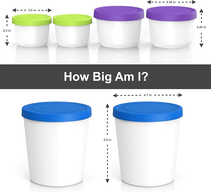 BALCI - Premium Ice Cream Containers (6 Pack - 1 Quart, 16oz & 8oz) Perfect Freezer Storage Tubs with Lids for Ice Cream, Sorbet and Gelato! - Blue | Purple | Green