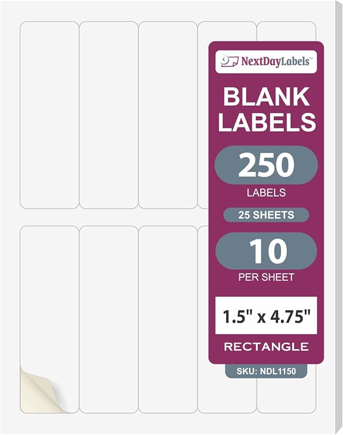 NextDayLabels 1.5x4.75 Inch Rectangle Stickers White Blank Labels for Laser Inkjet Printer - 10 Per Sheet Self-Adhesive Unique Size Label Made in USA - 250 Labels