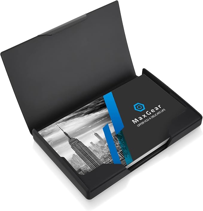 MaxGear Stainless Steel & ABS Business Card Holder, Slim Card Case, Black | Buckle Closure, Fits Standard Business Cards and Credit Cards