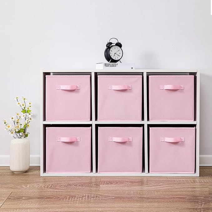 Stero Fabric Storage Bins 6 Pack Fun Colored Durable Storage Cubes with Handles Foldable Cube Baskets for Home, Kids Room, Closet and Toys Organization Pink