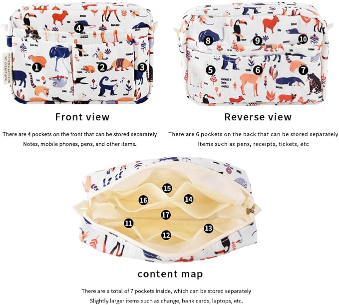 E-WEICHEN Multiple Pockets Portfolio Organizer with Zippered, Makeup Bag Travel Essentials for Women, Simple Waterproof Stationery Pencil Pouch Bag for Journal Office Art Supplies.White Zoo