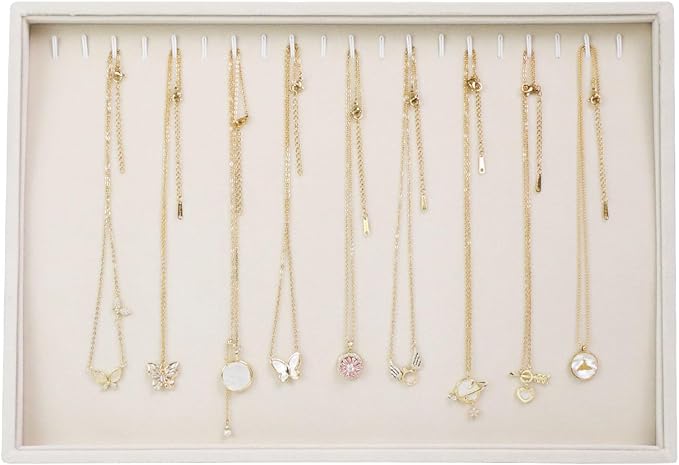 Stratalife 20 Hooks Necklace Organizer Tray, Stackable Jewelry Organizer for Women, Velvet Jewelry Display Storage Tray for Necklace Bracelet, 13.8" x 9.4" x 1.2", Beige