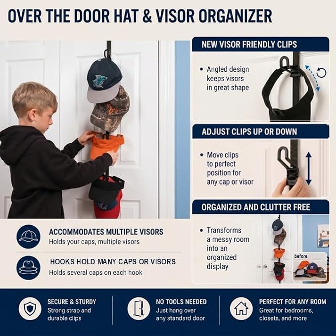 FOR 8-FEET DOORS ONLY! Perfect Curve CapRack | Over-The-Door Hat Organizer for Baseball Caps | 2 Straps, Holds 18-36 Adjustable Caps | Black