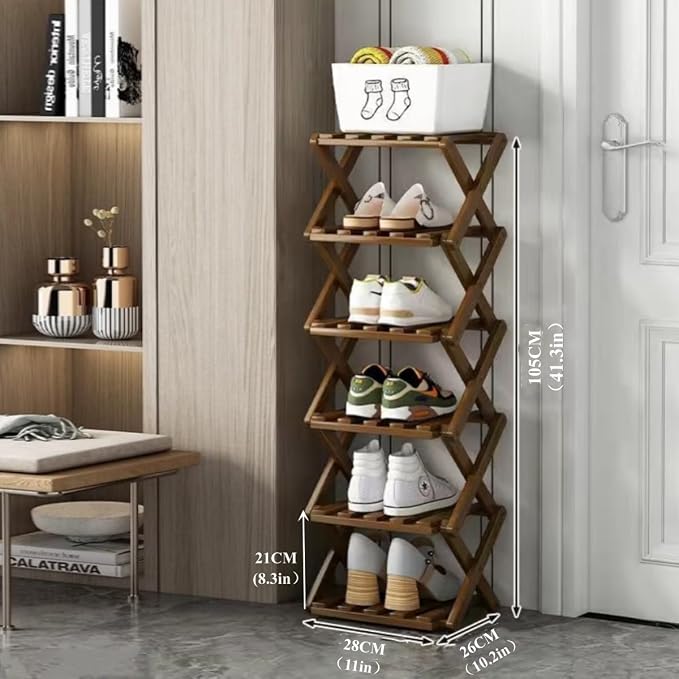 6 Tier Foldable Shoe Rack, Bamboo Vertical Shoe Organizer Tall for Multifunctional Narrow Shoe Shelf for Entryway, Closet, Corner, Bedroom, Hallway(Brown)