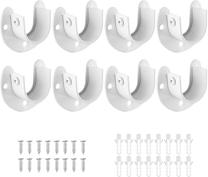 8 Packs Stainless Steel Closet Rod End Supports, 1-1/3 Inch, White | Wardrobe Bracket, Heavy Duty, U-Shaped, With Screws