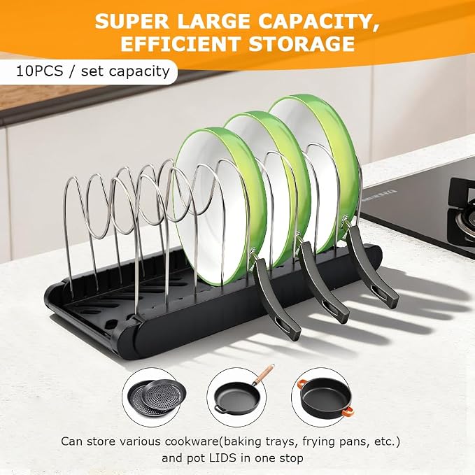 Pot and Pan Organizer, Expandable Pan Organizer for Cabinet, Pot Lid Holder with 10 Adjustable Compartments for Kitchen Cabinet Cookware Baking Frying Rack(Black)