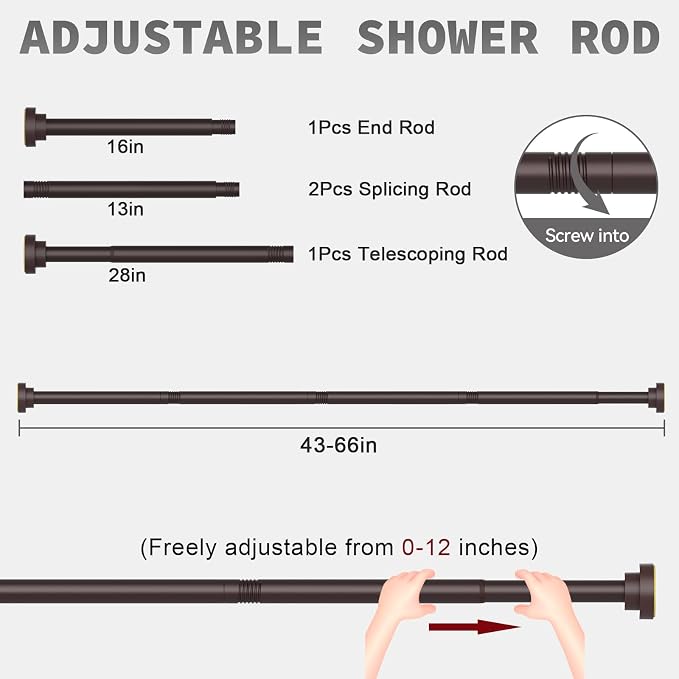 Thestoa Brown Shower Curtain Rod Adjustable 43-66 inch, 1"Diameter Spring Tension Curtain Rod No Drill, Anti-Rust Non-Slip Shower Rod for Bathroom Tension Rod