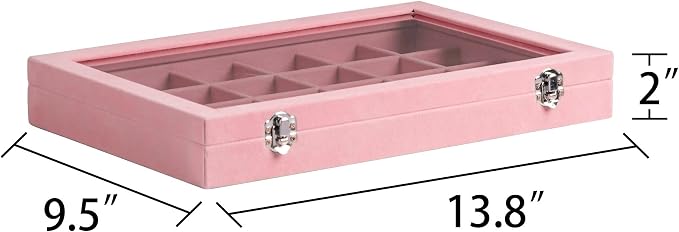 Frebeauty 24 Grid Earring Organizer,Velvet Jewelry Tray with Clear Lid | Drawer Jewelry Organizer for Rings Studs Brooch,Adjustable Divider,Dustproof Design,Earring Storage,Trinket Box,13.8×9.5Inch