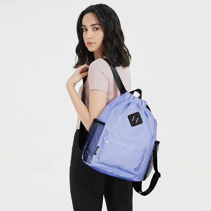 WANDF Drawstring Backpack with Shoe Compartment, Sports Gym Bag | Multi-Pocket Storage, Water-Resistant Fabric, Cinch String Bag