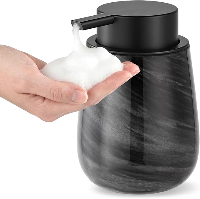 Marble Glass Foaming Hand Soap/Lotion Pump Dispenser, Refillable for Kitchen and Bathroom Countertop (Black)