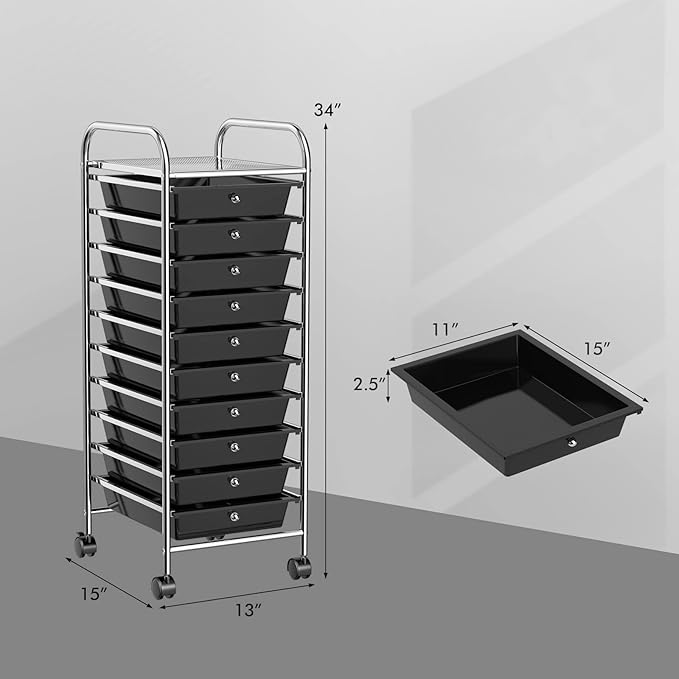 DREAMADE Rolling Cart with Storage Drawers, Utility Cart with Removable Plastic Drawers, Lockable Wheels, Art Cart for Classroom Organization Art Supplies Office Scrapbook (10 Drawers, Black)