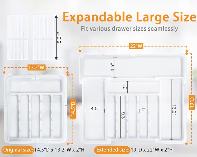Homecor Silverware Organizer for Kitchen Drawer, Expandable Utensil Drawer Organizer with 2 Knife Block, Flatware and Cutlery Holder, Adjustable Plastic Storage for Spoons Forks Knives