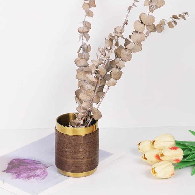 MultiBey Gold Pencil Holder Cup, Luxury Walnut Pen Holder Metal Organizer Small Vase, Offices Stationery Makeup Brushes Holder Decoration Desk Accessory for Office Home | Offices Stationery Makeup Brushes Pen Cup Decoration Desk Accessory for Office Home