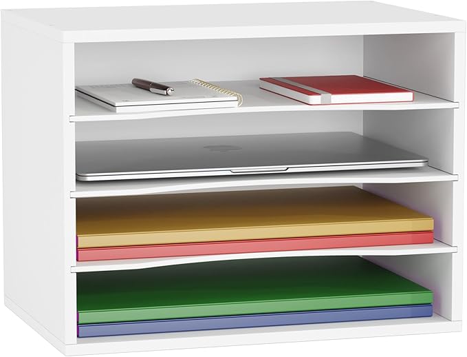 Wood Desktop Letter Tray File Organizer, Paper Storage Mail Sorter with 3 Adjustable Drawer Boards for Home and Office, White