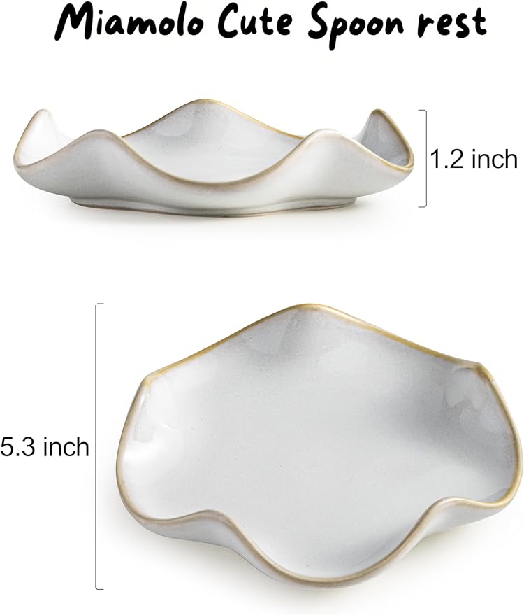 Miamolo Spoon Rest for Stove Top, Spoon Holder for Stove, 5.3In Ceramic Spoon Rest for Kitchen Counter, Coffee Spoon Holder with Ruffled Edge, Farmhouse Spatula Holder for Kitchen Decor, Beige