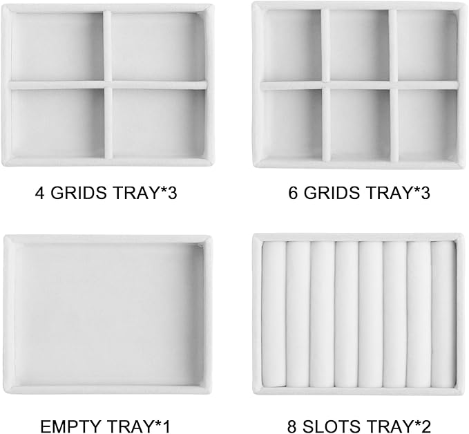Frebeauty Small Jewelry Organizer for Drawer,Set of 4 Velvet Jewelry Trays | Jewelry Box Inserts,Drawer Inserts,Vanity Drawer Organizer,Mini Size,Stackable Earring Organizer,Adjustable Dividers