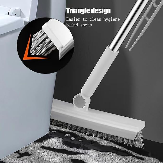 Floor Scrubbing Brush with 57" Adjustable Long Handle,3 in 1 Living Grout Brush with Squeegee,V-Shape Stiff Brush Bristle,Heavy Duty Bathroom Cleaning Brush for Tile,Deck,Patio,Wall,Garage,Kitchen