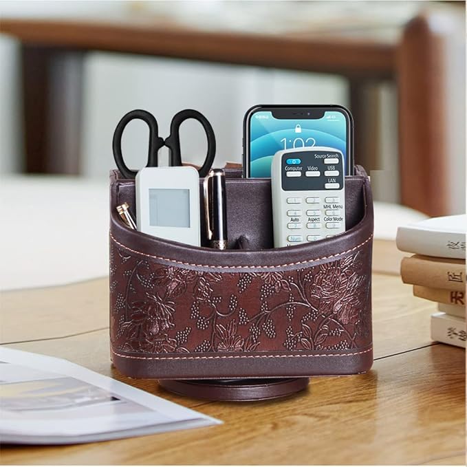 360° Rotating Remote Control Holder, PU Leather TV Remote Caddy, Pen Holder | Nightstand Organizer Storage Box with 5 Compartments for Pencil, Art Supplies, Makeup Brush, Office Desk Table Accessories