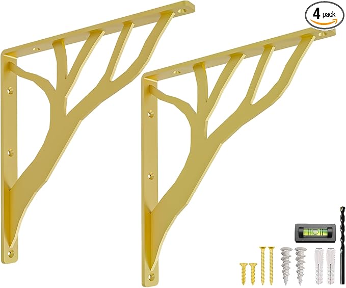 Rustic Tree Brass Heavy Duty Shelf Brackets 12 inch by Balin Designs, Gold Decorative L Brackets, Iron Metal Floating Shelf Bracket, Wall Mount Shelving Bracket, Included Hardware, Set of 2