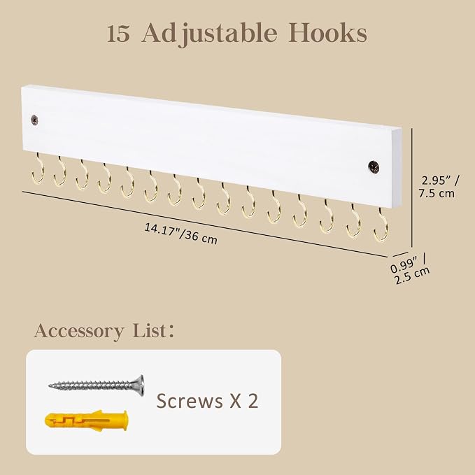 Lolalet Wooden Necklace Holder for Wall with 15 Hooks -Goldwhite | Wall Mount Jewelry Hangers for Necklaces, Chains, Bracelets and Earrings, Tangle-free, Easy to Install