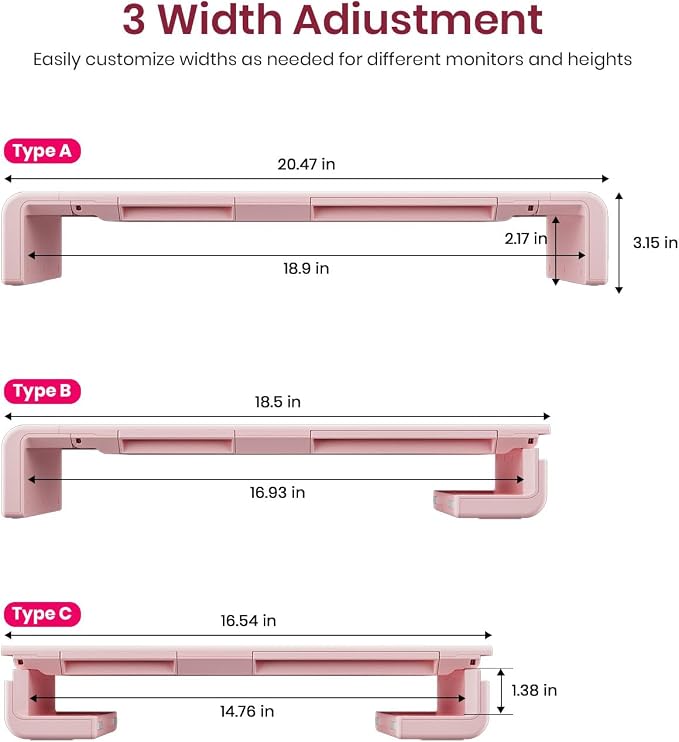 Pink Monitor Stand Riser, Klearlook Foldable, Height Adjustable Computer Stand, Desk Shelf Riser with Storage Drawer &Tablet Phone Stand for Desktop, Laptop