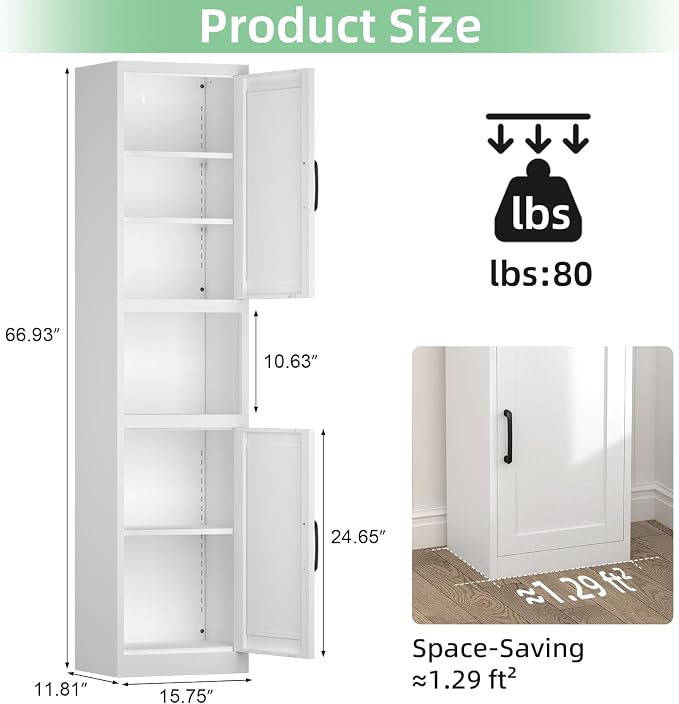 Tall Bathroom Cabinet, Slim Cabinet with 3 Adjustable Shelves, 2 Doors Narrow Storage for Bathroom, 67" H Floor Cabinet for Entryway, Kitchen, White