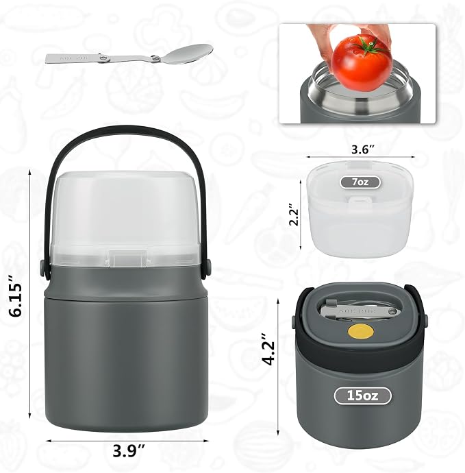 2 - in - 1 Soup Thermo for Hot Food 14oz with Snack Box Container Leak Proof Insulated Lunch Container Kids and Adults Stainless Steel Double Wall Vacuum Wide-mouth Thermal with Spoon and Handle