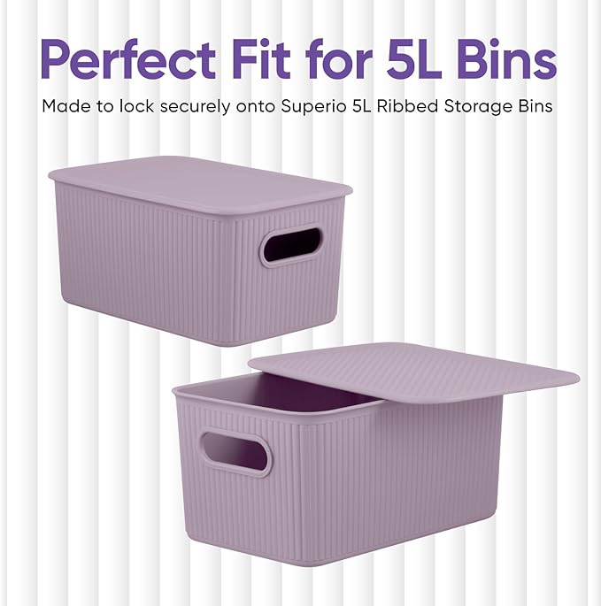 Superio Ribbed Collection - Decorative Plastic Basket Open Home Storage Bins Organizer, Lilac (Parent) Container Boxes for Organizing Closet Storage Bins for Shelves (Lid - Medium (5 Liter), 6 Pack)