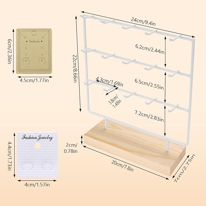 Earring Display Stand 3 Tier 15 Hooks Wood Earring Display Rack Holder for Earings Necklaces Rings Bracelets Keychains (White)