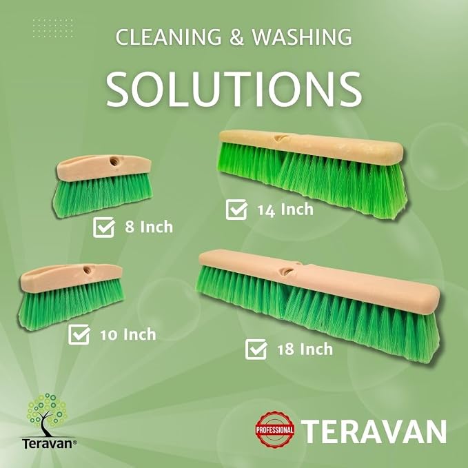 Teravan Green Flow Through Essential Flagged-End Brush Head, 14-Inch | Extra Soft Bristle Brush for Gentle Car Wash, RV, Boat, Window & Floor Cleaning, Compatible with Pole Handle
