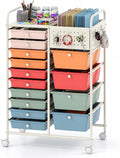 Giantex 14 Drawer Storage Cart, Rolling Craft Cart with Metal Tabletop & Pegboard, Mobile Utility Organizer Trolley with Locking Wheels, Home Office, Macaron Multicolor