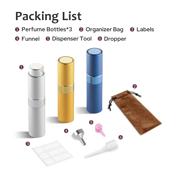 LISAPACK 8ML Atomizer Perfume Spray Bottle for Travel (3 PCS) Empty Cologne Dispenser, Portable Sprayer (Gold, Silver, Blue)