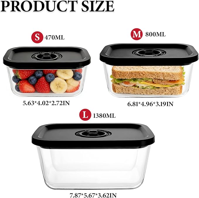 Glass Vacuum Containers for Food Fresh & Save Storage, Made For Compact Vacuum Sealer, 3pcs Mixed Set Small, Medium, Large With Handheld Vacuum Sealer Machine