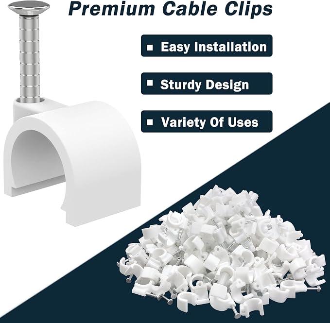 300 Pcs Nail in Cable Clips - 10mm, Coax, Speaker, Ethernet, Wall Wire Clips for Cords & Cables