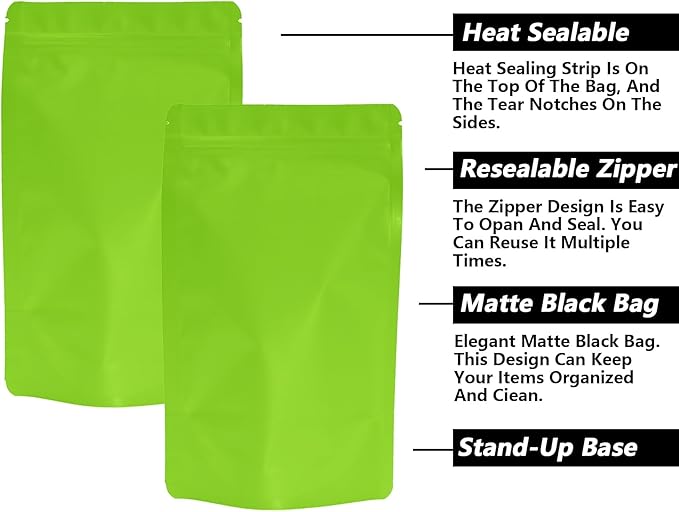 100PCS Smell Proof Resealable Pouch Bags,ULIFESTAR Aluminum Foil Flat Food Storage Bag,Sealable Pcsaging Zipper Pouches with Tear Notches for Pcsaging Lipgloss,Jewelry,etc(12*20cm/4.72*7.87",Green)