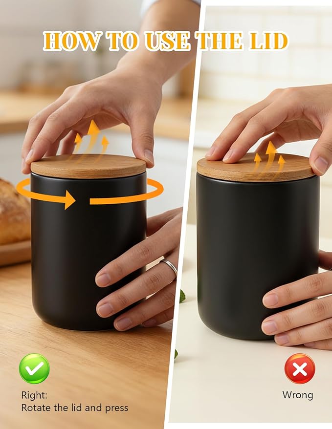 YYW Ceramics Food Storage Jar Canister with Seal Bamboo Lid, Simple Style Kitchen Canister for Food Storage, Store Coffee, Sugar, Tea, Spices and More (Black (33.81oz/1000ml))