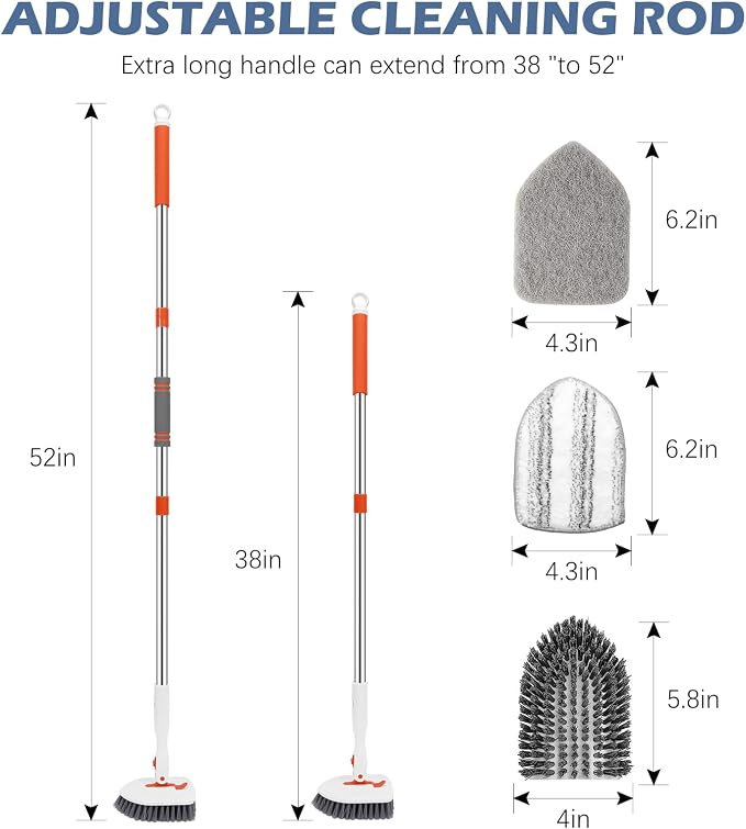 SetSail Tile Tub Scrubber Brush 3-in-1 Shower Scrubber with 52-inch Adjustable Long Handle Shower Cleaner Brush and 3 Detachable Replacement Brush Heads for Cleaning Bathroom Kitchen Walls Tub Tile