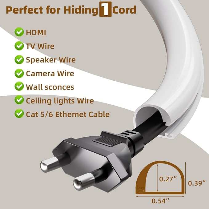 39”Cord Hider for Wall Mounted TV,Adhesive One-Cord Cable Hider for Wall,Cord Covers Raceway Kit for Wires Hider Along Wall,Flexible Silicone Cable Concealer for Home Office,W 0.54”× H 0.39”
