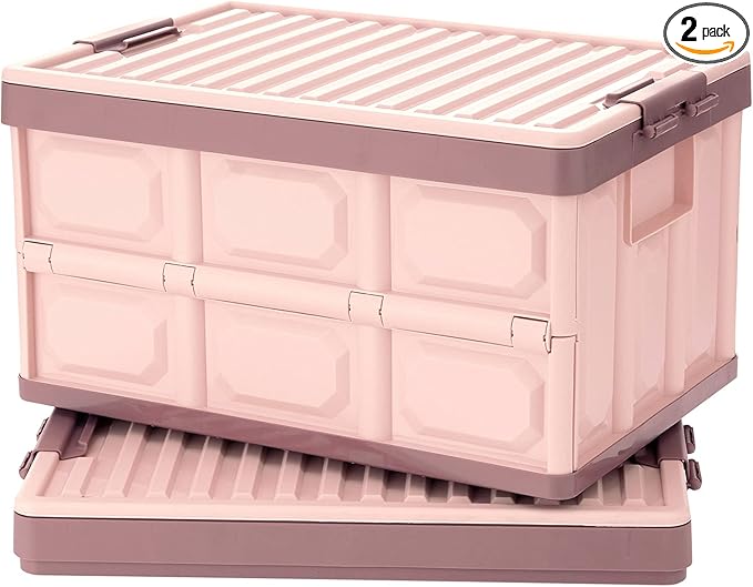 Pink Collapsible Storage Bins with Lids 2-Pack, Folding Plastic Stackable Utility Crates 30L, Durable Containers for Home & Garage Organization
