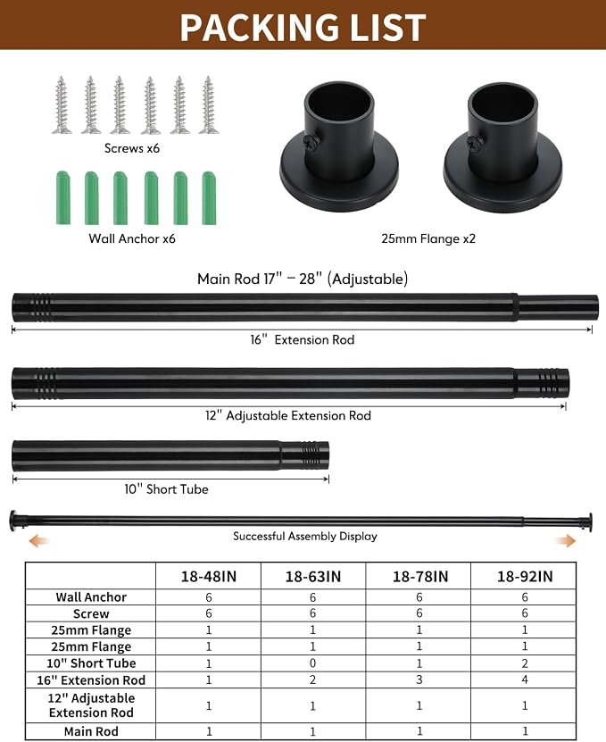 Closet Rods for Hanging Clothes, 18-78 Inch Stepless Adjustable Closet Rod, Heavy Duty Metal Closet Hanging Rod with Closed-Ring Brackets, Multi-Use Clothes Bar for Wardrobe Laundry Room RV, Black
