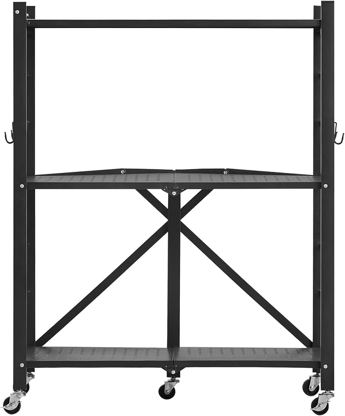 VEVOR 3-Tier Foldable Storage Shelf, 28W x 13D x 36H Inch Folding Metal Rack Shelving Unit, No Assembly Organizer Shelf with 5 Wheels & 4 Hooks for Pantry, Kitchen, Garage, Basement, Black