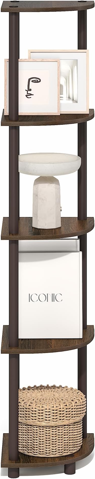 Furinno Turn-N-Tube Corner Shelf, 5-Tier Corner Bookshelf, Open Storage Shelves, for Organization and Storage, Living Room, Home Office, Garage, Bedroom, Black Walnut