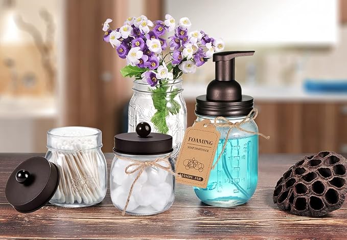 SheeChung Mason Jar Foaming Soap Dispenser-Rustproof Stainless Steel Lid & Foaming Soap Pump, Refill Foam Hand Soap Dispenser Glass for Bathroom Kitchen Vanities, Countertops-Bronze (2 pk)