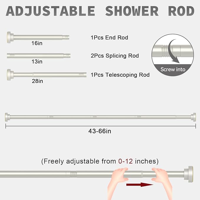 Thestoa Brushed Nickel Shower Curtain Rod Adjustable 43-66 inch, 1"Diameter Spring Tension Curtain Rod No Drill, Anti-Rust Non-Slip Shower Rod for Bathroom Tension Rod
