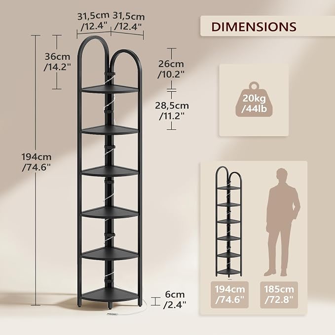 MAHANCRIS 6 Tier Corner Shelf with LED Light, 74.6'' Tall Corner Bookshelf Stand, Narrow Display Bookcase with Storage Rack for Wall Corner, Living Room, Bedroom, Small Spaces, Black CSBK66101