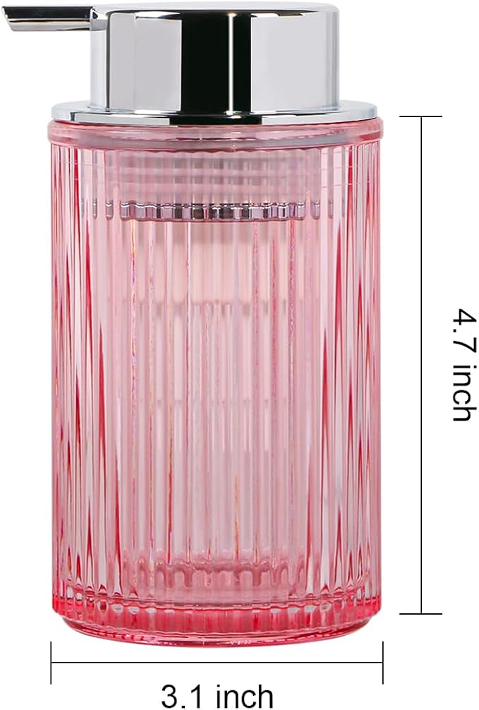 Foaming Soap Dispenser, 12 Oz Pink Glass Foam Hand Soap Dispenser, Refillable Lotion Soap Dispenser with Removable Pump for Kitchen Hand Wash Dispenser, Modern Slim Ribbed Bottle for Decor