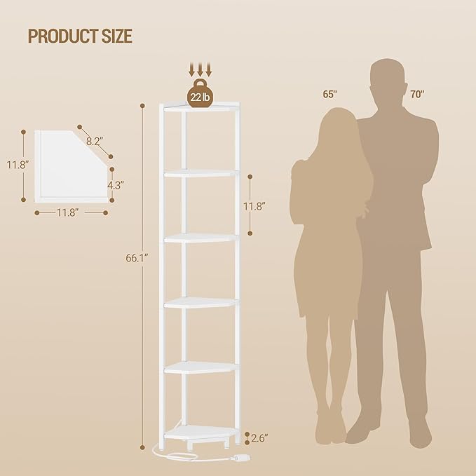 Hzuaneri Corner Shelf with LED Light 6 Tier Corner Bookshelf Standing Shelf | Tall Narrow Display Bookcase with Metal Frame for Small Space, Living Room, Home Office, Bedroom, White CS66613W
