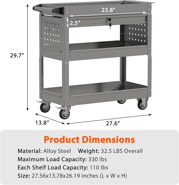 3 Tier Heavy Duty Rolling Tool Cart with Drawers, Large Storage Utility Cart on Wheels for Garage, Warehouse, Repair Shop (Gray)