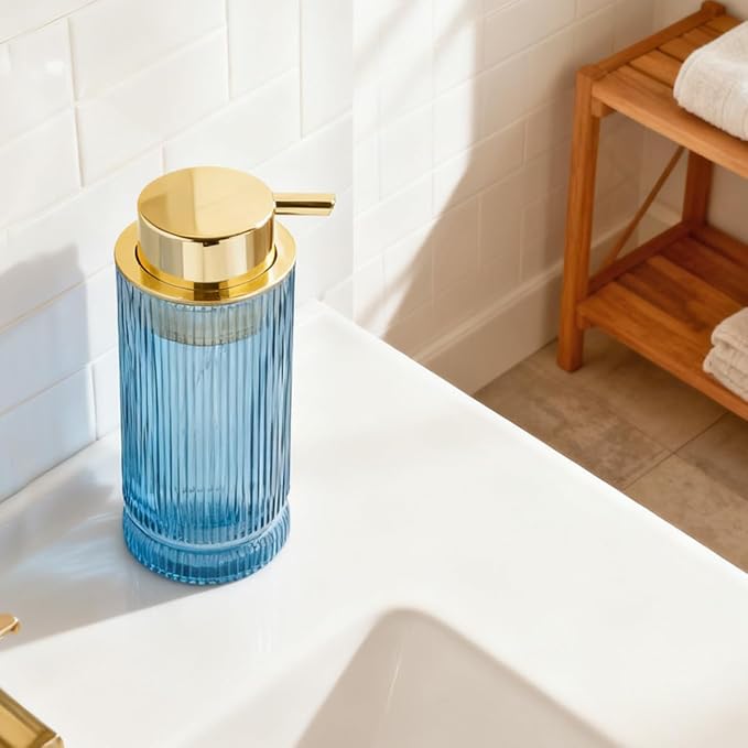 Foaming Soap Dispenser, Glass Foam Hand Soap Dispenser with Pump, 14 Oz Bathroom Refillable Liquid Lotion Pump Ribbed Bottle Container for Kitchen Countertop Decor (1, Blue Gold)