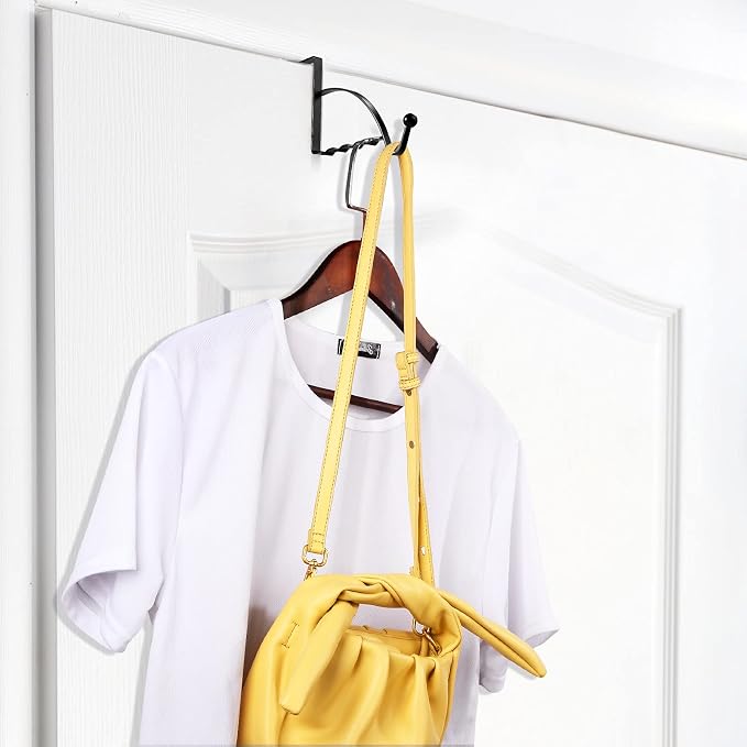Hotop 2 Pcs Over The Door Hooks Over Door Hanger Sturdy Valet Hooks Mounted Hanging Storage Organizer Rack for Clothes Coats Towels Hats Scarves Purses(Black)